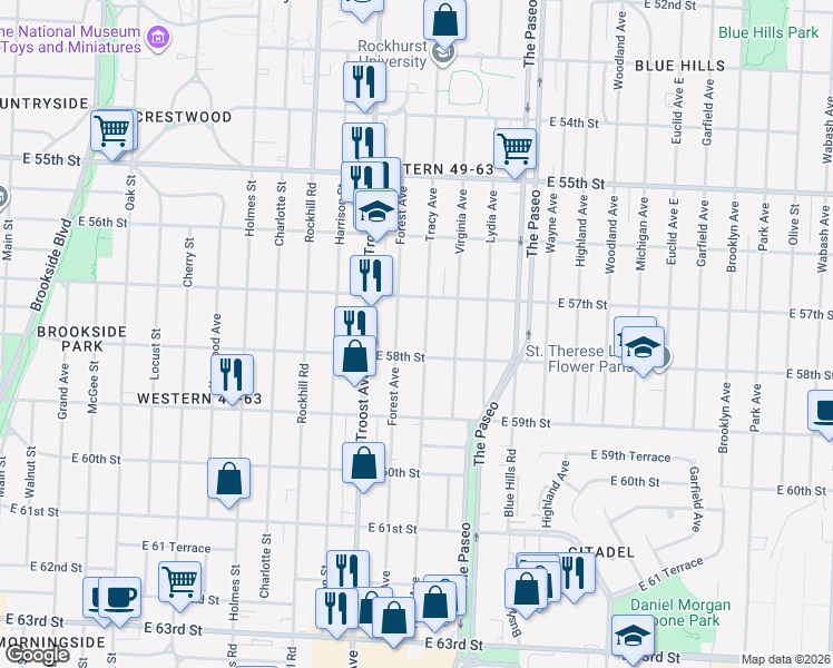map of restaurants, bars, coffee shops, grocery stores, and more near 5718 Tracy Avenue in Kansas City