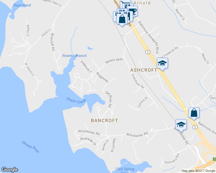 map of restaurants, bars, coffee shops, grocery stores, and more near 169 Old River Road in Arnold