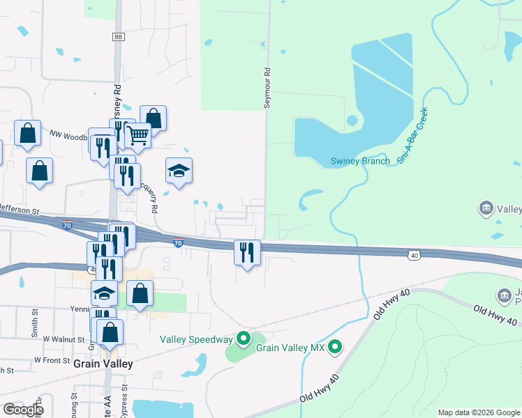 map of restaurants, bars, coffee shops, grocery stores, and more near 423 Northeast Wolf Creek Drive in Grain Valley