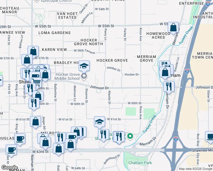 map of restaurants, bars, coffee shops, grocery stores, and more near 10204 Johnson Drive in Shawnee