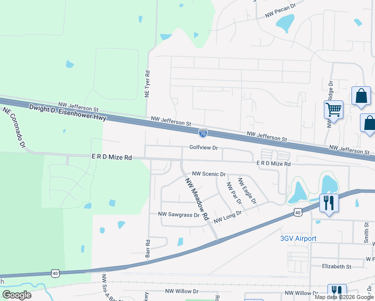 map of restaurants, bars, coffee shops, grocery stores, and more near 1225 Golfview Drive in Grain Valley