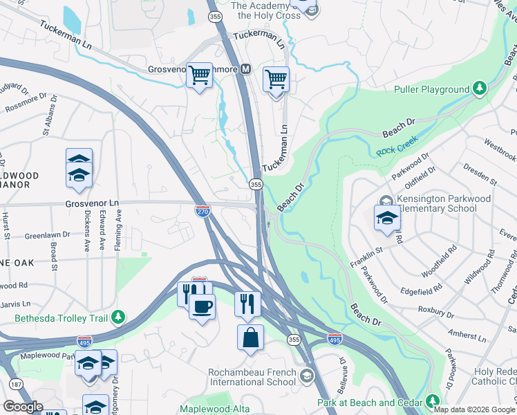 map of restaurants, bars, coffee shops, grocery stores, and more near Grosvenor Ln in North Bethesda