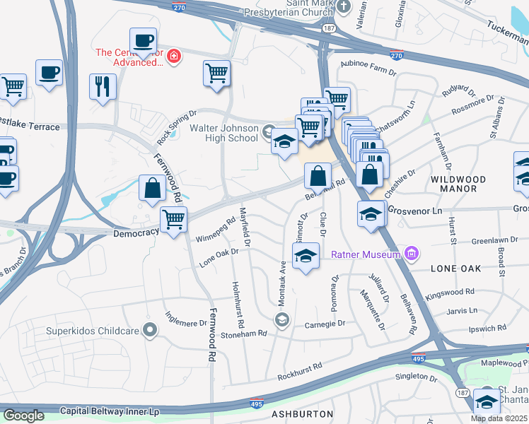 map of restaurants, bars, coffee shops, grocery stores, and more near 6413 Winnepeg Road in Bethesda