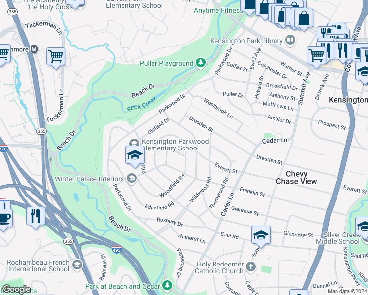 map of restaurants, bars, coffee shops, grocery stores, and more near 4403 Woodfield Road in Kensington