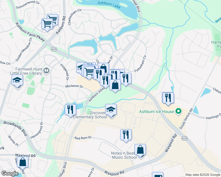 map of restaurants, bars, coffee shops, grocery stores, and more near 44036 Pipeline Plaza in Ashburn