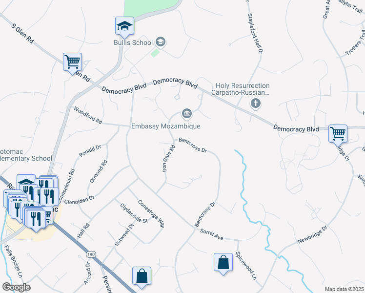 map of restaurants, bars, coffee shops, grocery stores, and more near 10208 Bentcross Drive in Potomac