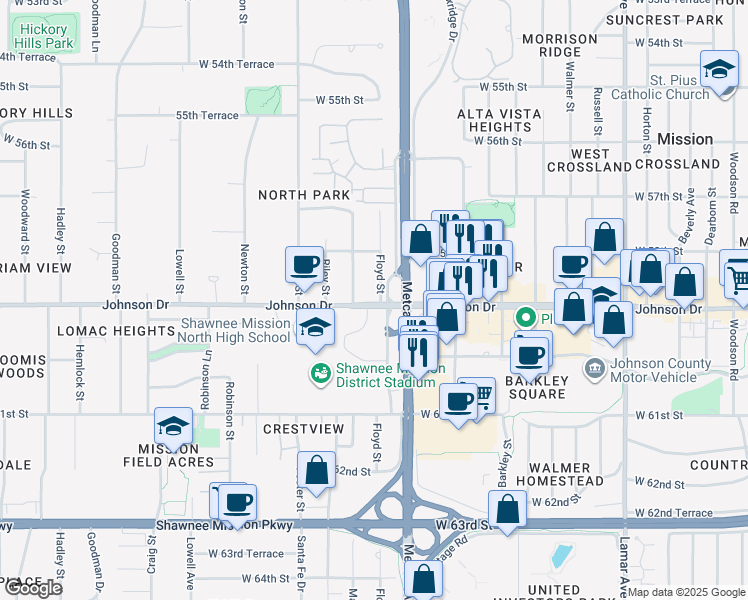 map of restaurants, bars, coffee shops, grocery stores, and more near 5841 Marty Street in Mission