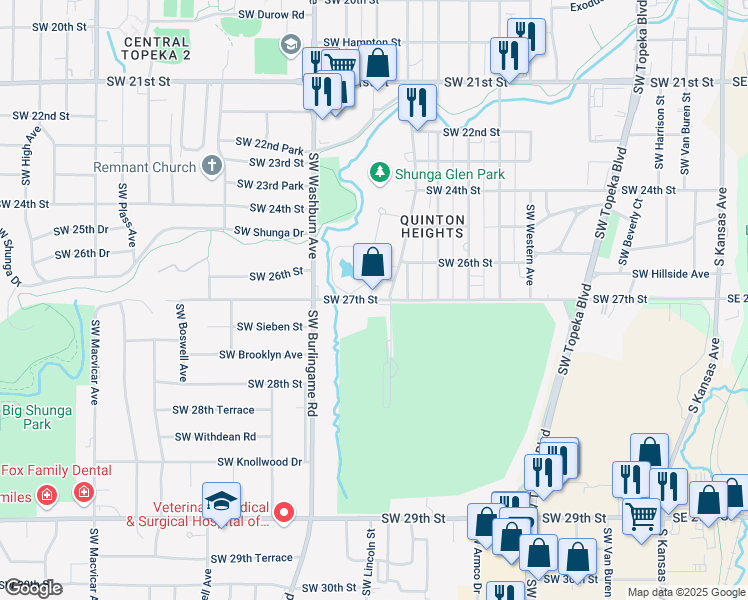 map of restaurants, bars, coffee shops, grocery stores, and more near 1316 Southwest 27th Street in Topeka