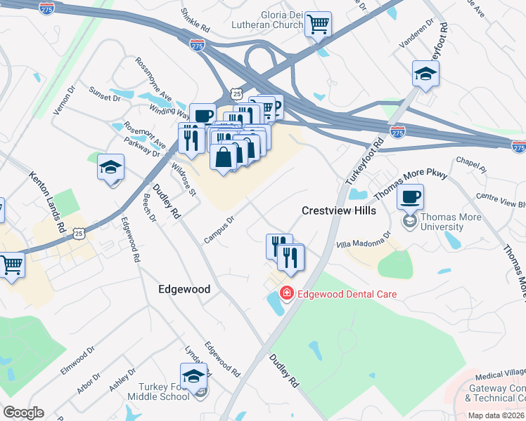map of restaurants, bars, coffee shops, grocery stores, and more near 101 College Park Drive in Crestview Hills