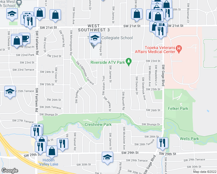map of restaurants, bars, coffee shops, grocery stores, and more near 2441 Southwest James Street in Topeka