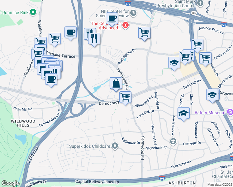 map of restaurants, bars, coffee shops, grocery stores, and more near 6701 Democracy Boulevard in North Bethesda
