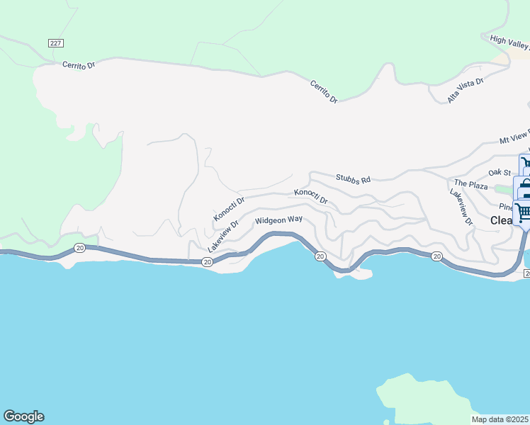 map of restaurants, bars, coffee shops, grocery stores, and more near 11725 Lakeview Drive in Clearlake Oaks