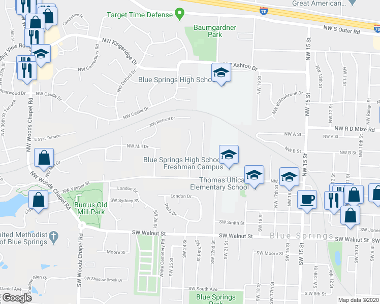 map of restaurants, bars, coffee shops, grocery stores, and more near 500 Northwest Fox Hollow Lane in Blue Springs