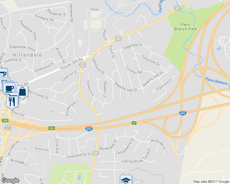 map of restaurants, bars, coffee shops, grocery stores, and more near 10319 Geranium Avenue in Adelphi