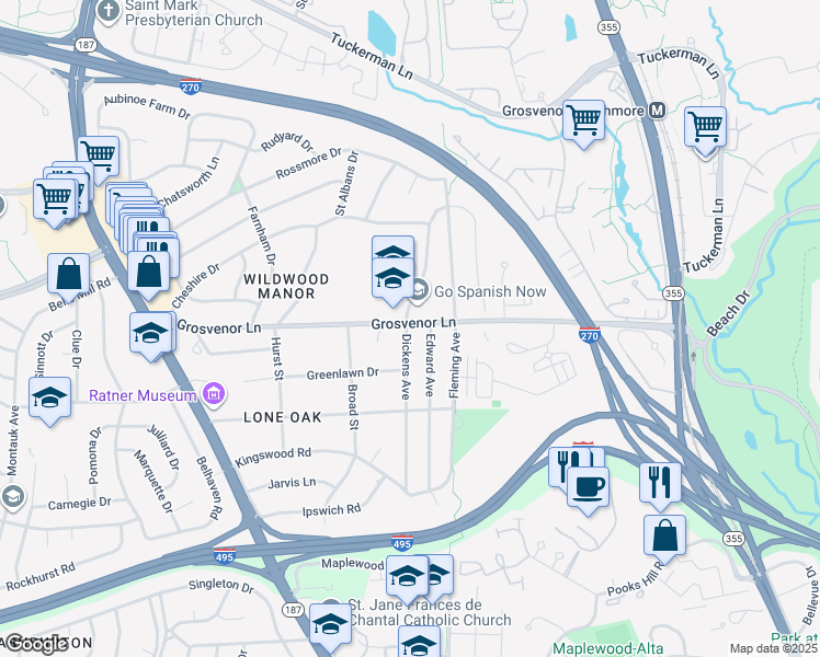 map of restaurants, bars, coffee shops, grocery stores, and more near 10119 Dickens Avenue in Bethesda