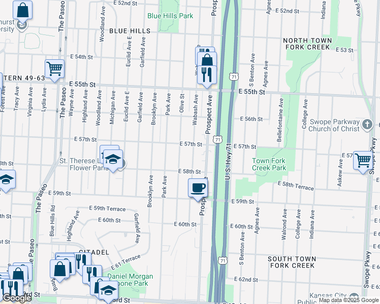 map of restaurants, bars, coffee shops, grocery stores, and more near 5712 Wabash Avenue in Kansas City