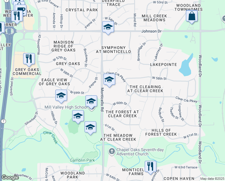 map of restaurants, bars, coffee shops, grocery stores, and more near 5815 Monticello Road in Shawnee