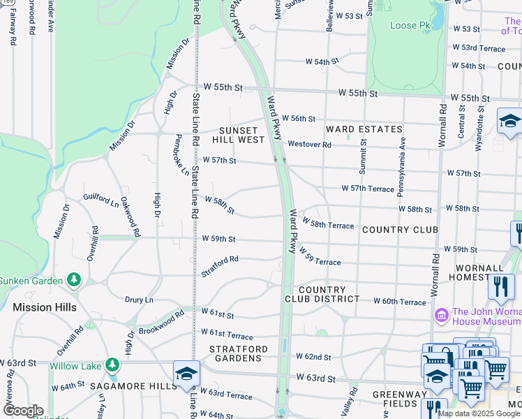 map of restaurants, bars, coffee shops, grocery stores, and more near 1210 West 58th Street in Kansas City