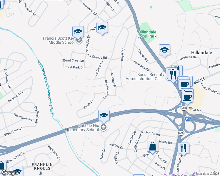 map of restaurants, bars, coffee shops, grocery stores, and more near 1107 Cresthaven Drive in Silver Spring