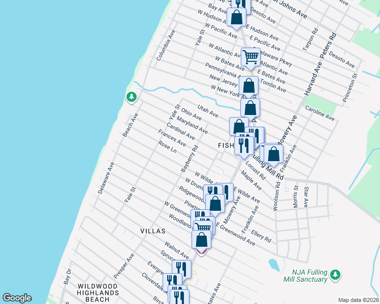 map of restaurants, bars, coffee shops, grocery stores, and more near 28 Bayberry Road in Villas