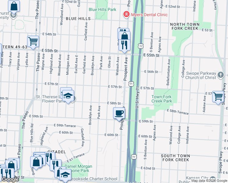 map of restaurants, bars, coffee shops, grocery stores, and more near 5712 Wabash Avenue in Kansas City