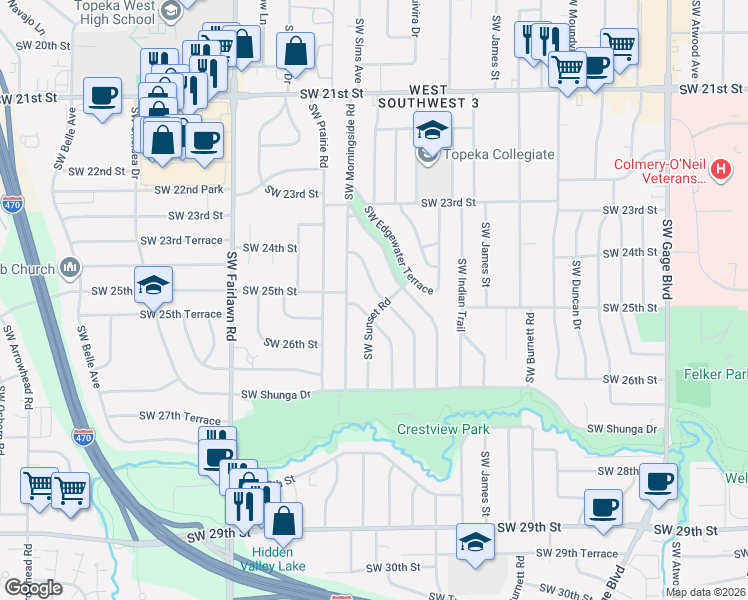 map of restaurants, bars, coffee shops, grocery stores, and more near 2419 Southwest Valley Brook Lane in Topeka
