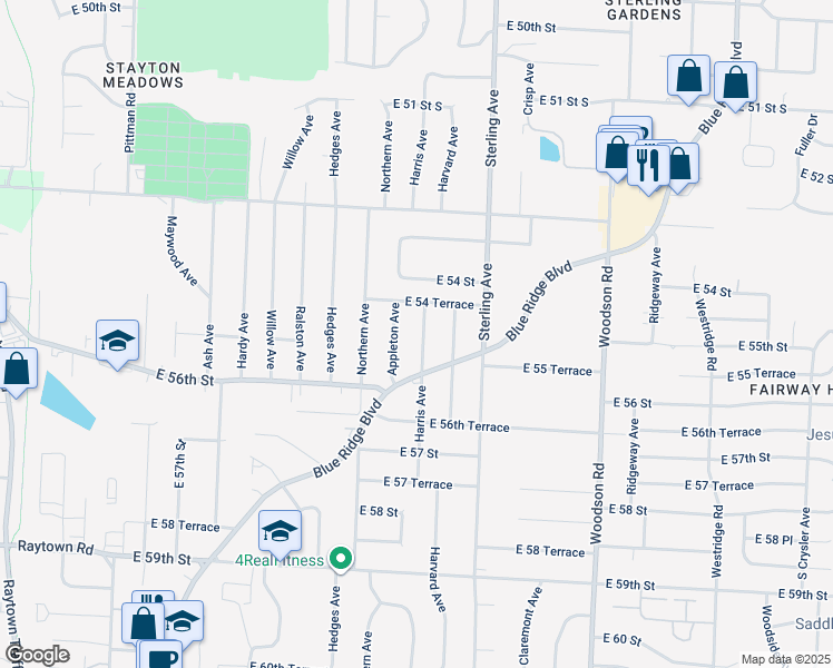 map of restaurants, bars, coffee shops, grocery stores, and more near 5504 Harris Avenue in Raytown