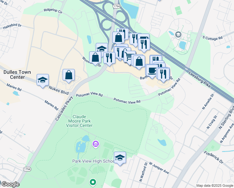 map of restaurants, bars, coffee shops, grocery stores, and more near 21445 Potomac View Road in Sterling
