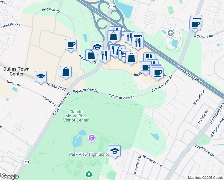 map of restaurants, bars, coffee shops, grocery stores, and more near 21445 Potomac View Road in Sterling