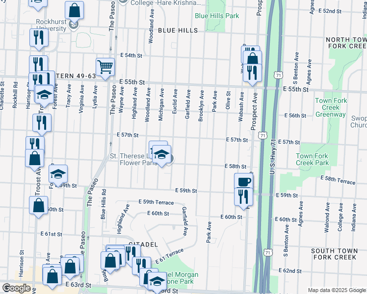 map of restaurants, bars, coffee shops, grocery stores, and more near 5716 Garfield Avenue in Kansas City