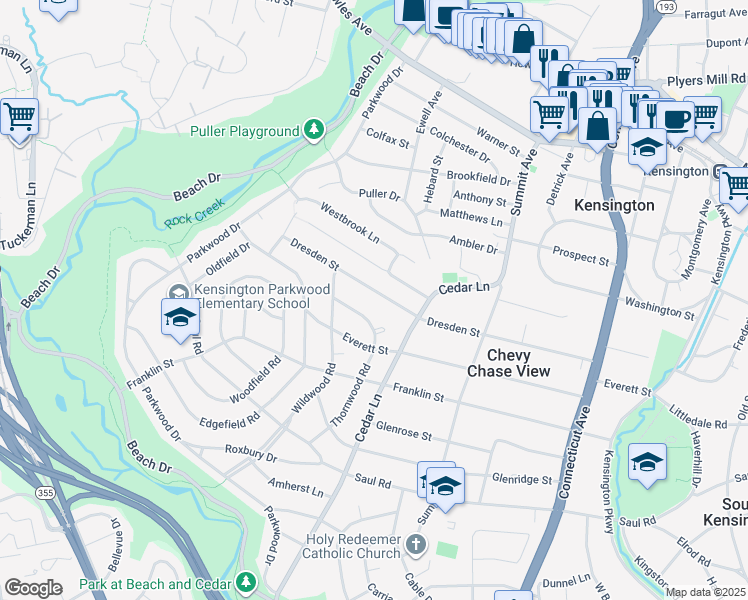 map of restaurants, bars, coffee shops, grocery stores, and more near 4324 Dresden Street in Kensington