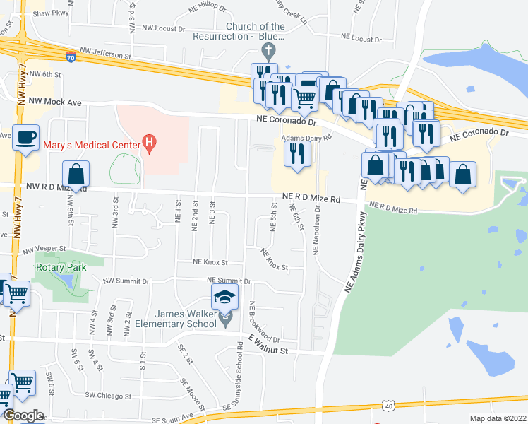 map of restaurants, bars, coffee shops, grocery stores, and more near 605 Northeast Knox Place in Blue Springs