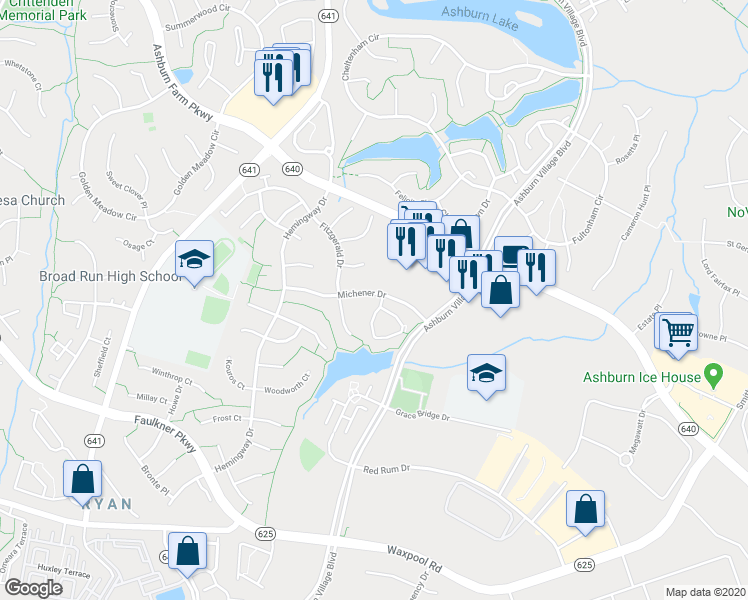 map of restaurants, bars, coffee shops, grocery stores, and more near 21469 Trowbridge Square in Ashburn