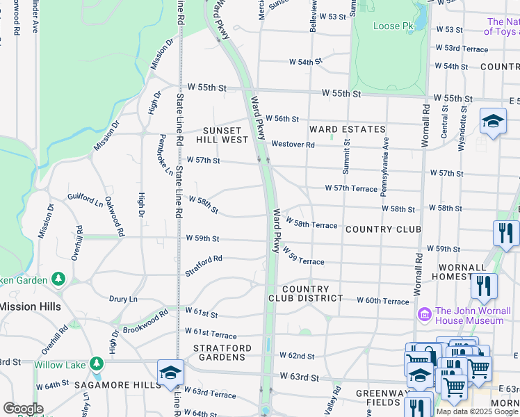map of restaurants, bars, coffee shops, grocery stores, and more near 5760 Ward Parkway in Kansas City