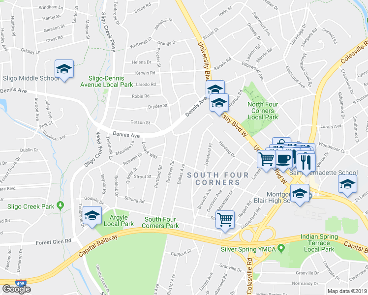 map of restaurants, bars, coffee shops, grocery stores, and more near 10112 Dallas Avenue in Silver Spring
