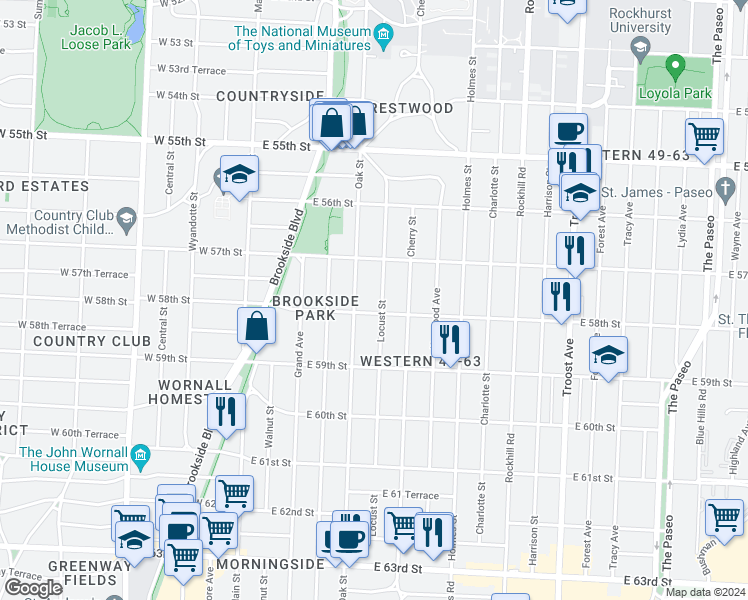 map of restaurants, bars, coffee shops, grocery stores, and more near 5718 Locust Street in Kansas City