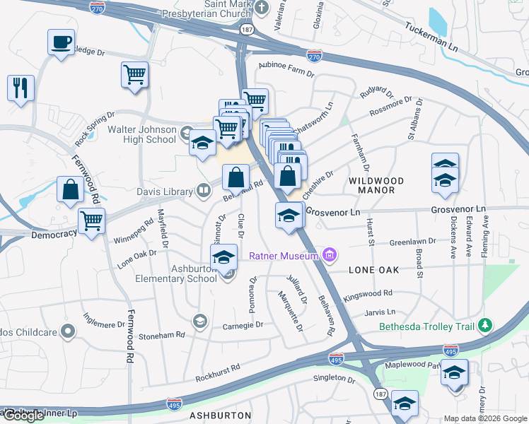 map of restaurants, bars, coffee shops, grocery stores, and more near 10123 Ashburton Lane in Bethesda
