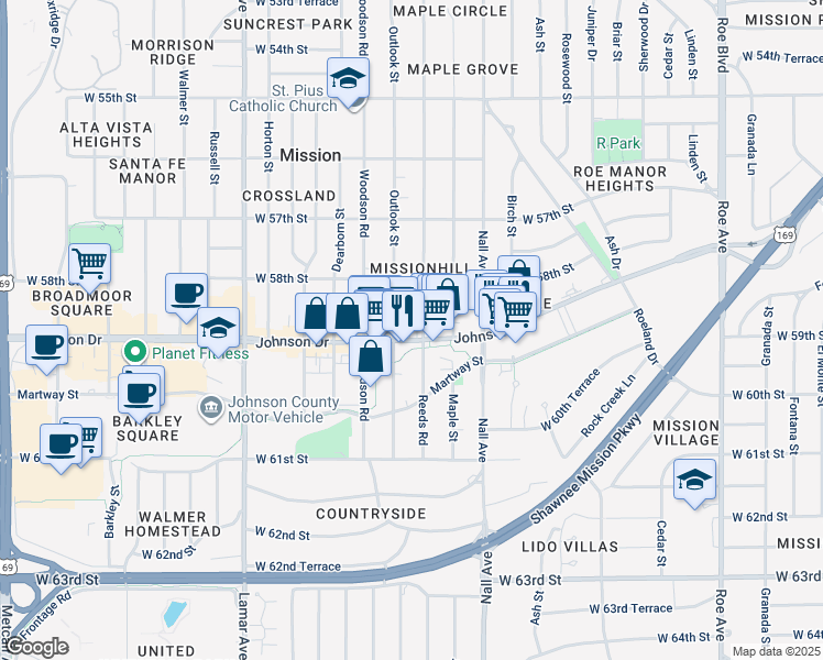 map of restaurants, bars, coffee shops, grocery stores, and more near 5710 Johnson Drive in Mission