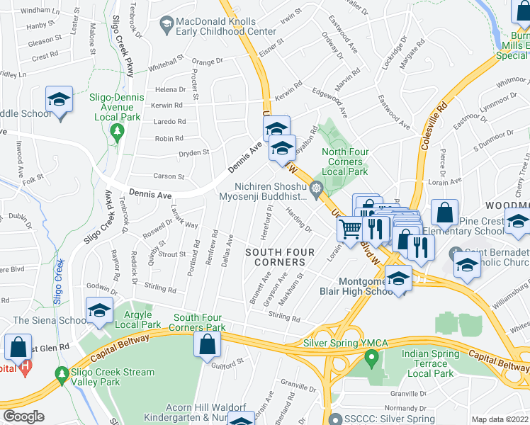 map of restaurants, bars, coffee shops, grocery stores, and more near 10122 Hereford Place in Silver Spring