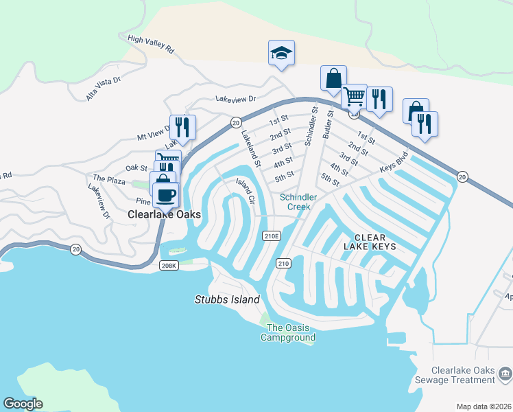 map of restaurants, bars, coffee shops, grocery stores, and more near 12840 Island Drive in Clearlake Oaks