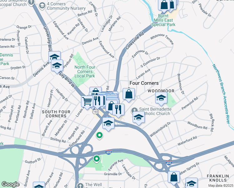 map of restaurants, bars, coffee shops, grocery stores, and more near 10211 Colesville Road in Silver Spring