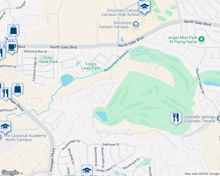 map of restaurants, bars, coffee shops, grocery stores, and more near 1168 Old North Gate Road in Colorado Springs