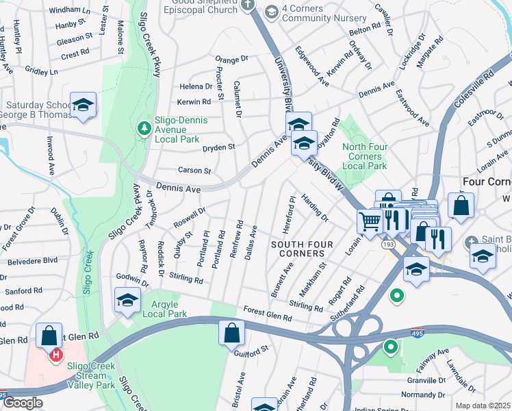 map of restaurants, bars, coffee shops, grocery stores, and more near 10112 Dallas Avenue in Silver Spring