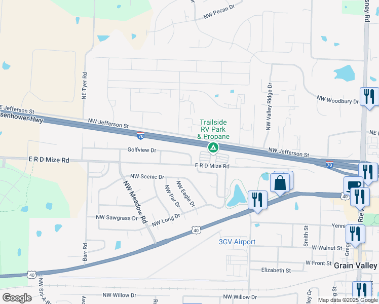 map of restaurants, bars, coffee shops, grocery stores, and more near 1106 Golfview Drive in Grain Valley