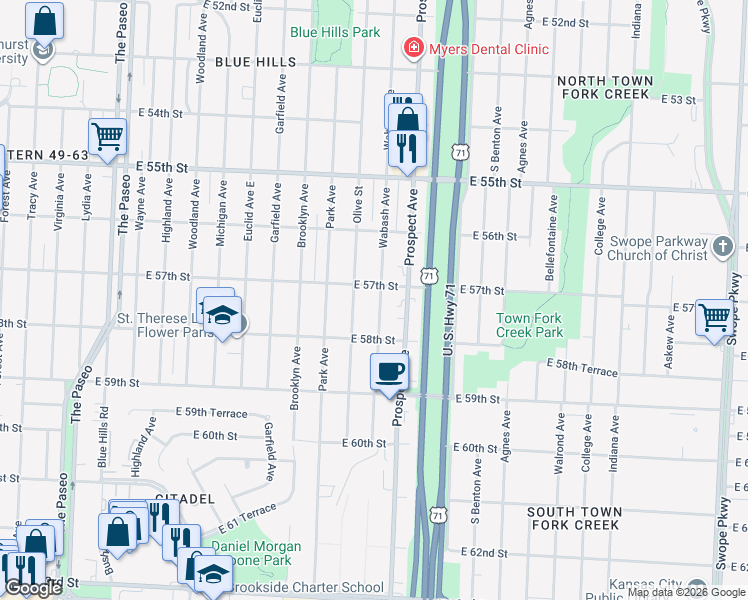 map of restaurants, bars, coffee shops, grocery stores, and more near 5712 Wabash Avenue in Kansas City