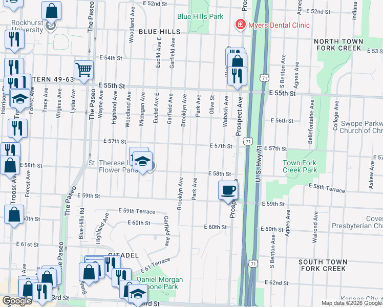 map of restaurants, bars, coffee shops, grocery stores, and more near 5711 Brooklyn Avenue in Kansas City