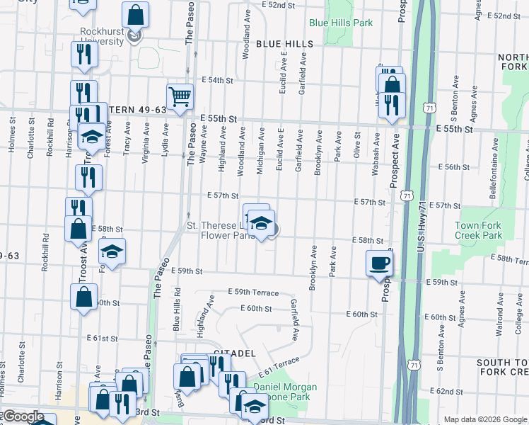 map of restaurants, bars, coffee shops, grocery stores, and more near 5717 Michigan Avenue in Kansas City
