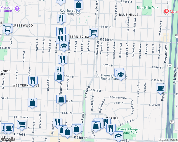 map of restaurants, bars, coffee shops, grocery stores, and more near 5725 Lydia Avenue in Kansas City