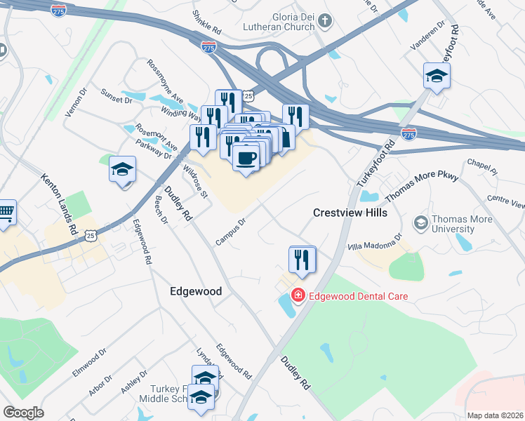 map of restaurants, bars, coffee shops, grocery stores, and more near 101 College Park Drive in Crestview Hills