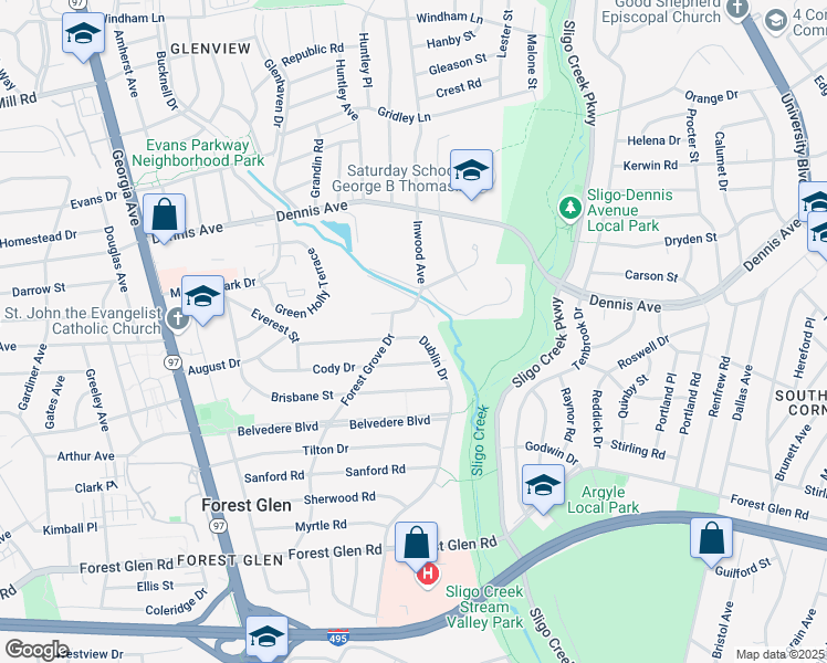 map of restaurants, bars, coffee shops, grocery stores, and more near 1617 Dublin Drive in Silver Spring